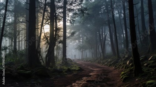 Amidst the trees, the mystical forest is cloaked in a mystical mist, evoking a sense of wonder and magic. © Justlight