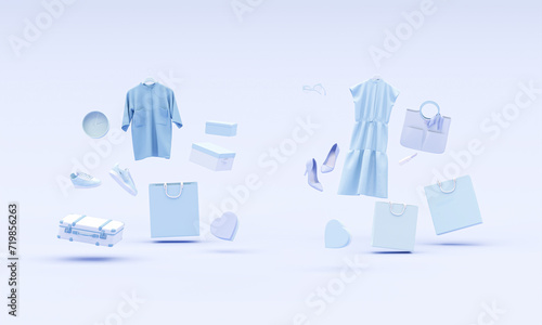 Women man fashion accessories bag  dress  shoes  shirt  high heels  perfume  gift box in bag shopping on pastel blue background. Advertisement idea. Creative compositing. 3d render
