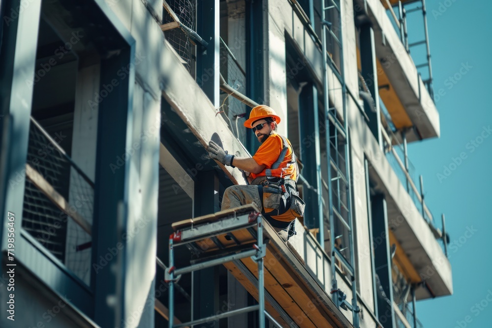 Caucasian Construction Worker ,Engineer with high-rise building construction site,