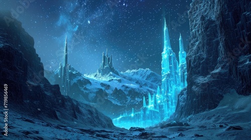 A majestic ice castle with neon towers reaching towards the starry winter sky. photo