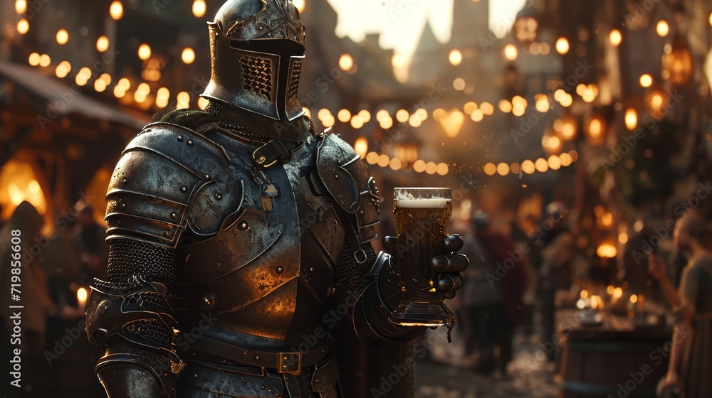 a dark souls suit of knight's armor standing holding a medieval beer stein in a crowded fey beergarden at twilight