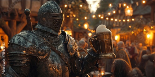 a dark souls suit of knight's armor standing holding a medieval beer stein in a crowded fey beergarden at twilight © ProArt Studios