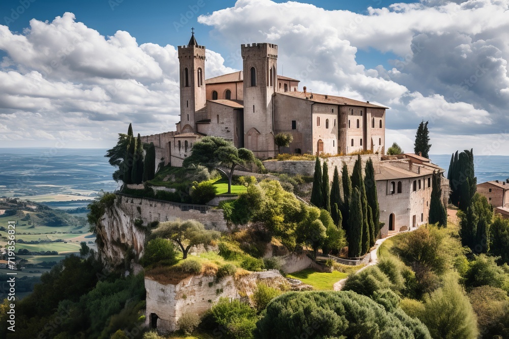 a grim, 13th-century medieval abbey in Italy, standing on a tall hilltop