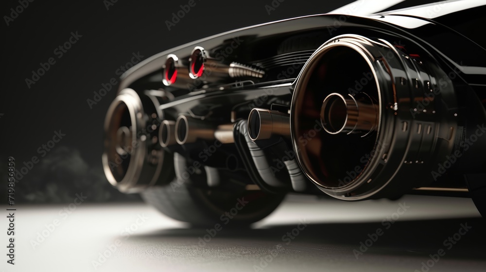 We get an upclose look at the performance exhaust system complete with larger pipes and strategically p mufflers for maximum power output. - obrazy, fototapety, plakaty 