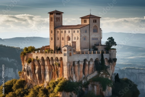 Foto a grim, 13th-century medieval abbey in Italy, standing on a tall hilltop