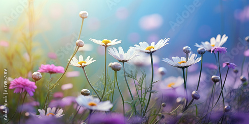 wild flowers chamomile  purple wild peas  butterfly in morning haze in nature close-up macro. Landscape wide   copy space  cool blue tones. Delightful pastoral airy artistic