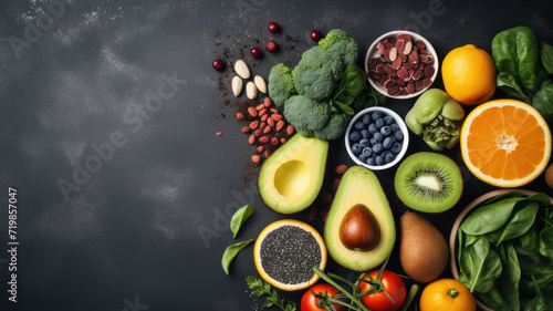 Different vegetables, seeds and fruits on grey table, flat lay. Healthy diet