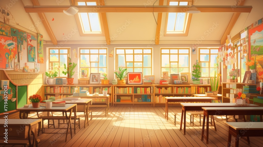 Vibrant illustrations of a welcoming kindergarten classroom with playful learning spaces and happy children Vibrant illustrations of a welcoming kindergarten classroom with playful learning spaces and happy children