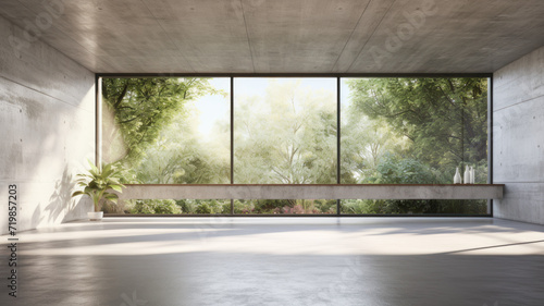 Fototapeta Naklejka Na Ścianę i Meble -  Modern contemporary empty hall with nature view render overlooking the living behind the room  concrete floors, plank ceilings  blank white walls for copy space, sunlight