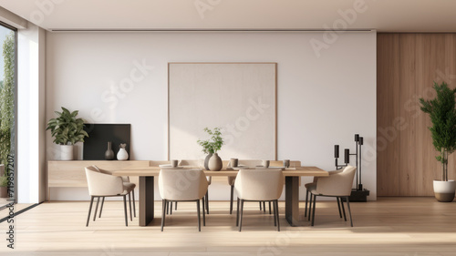 Modern interior design of apartment, dining room with table and chairs, empty living room © wiparat