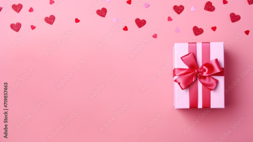 Top view photo of trendy gift boxes with ribbon bows and red rose on isolated pastel color background Top view photo of trendy gift boxes with ribbon bows and red rose on isolated pastel color background