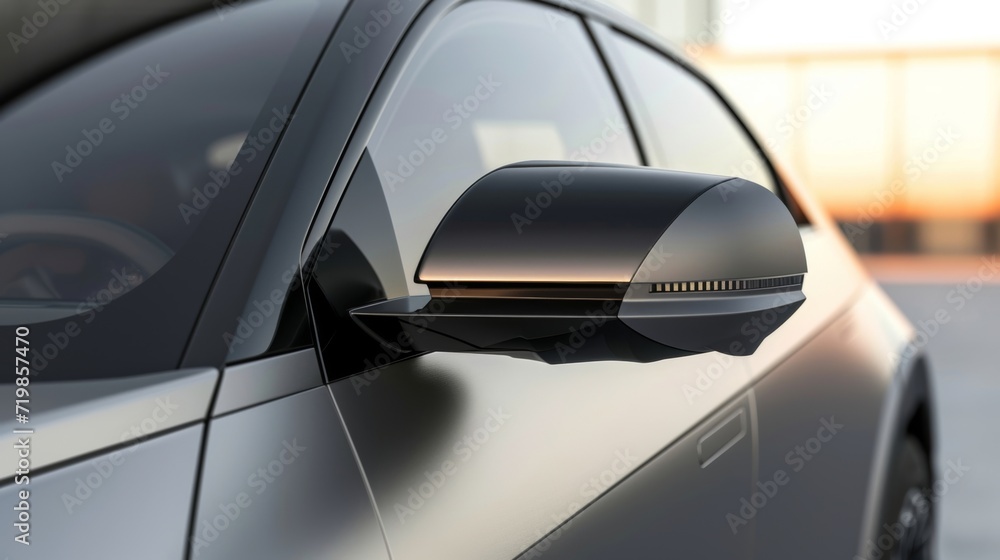 A closeup of the side mirrors highlights their slim and aerodynamic shape with a minimal profile that minimizes wind resistance and improves the cars overall airflow.