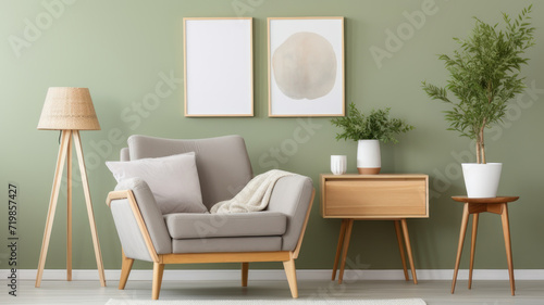 Stylish living room interior design mock up poster frame frotte armchair wooden side table