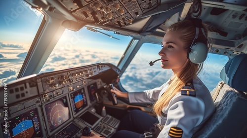 Woman Pilot Navigating Commercial Airplane Cockpit photo