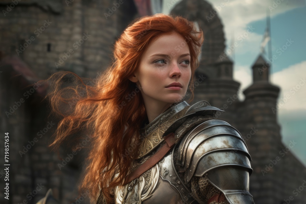 a medieval female guard at a castle, red head
