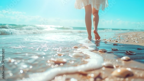 Woman Walking on Sunny Seashell Beach #719857657