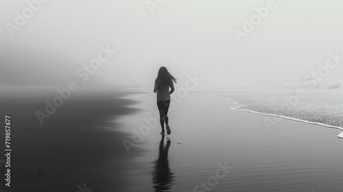 Black and white photograph capturing a woman running along a fog-enshrouded beach  her expression focused  with waves gently lapping the shore  creating a mysterious atmosphere.