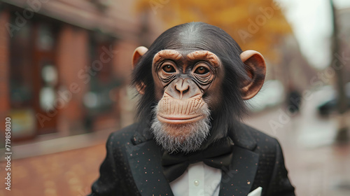 Suave monkey navigates city streets with tailored finesse, embodying street style. The realistic urban backdrop frames this fashionable primate, seamlessly merging the wild with contemporary elegance  © Дмитрий Симаков