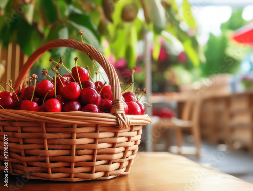 fresh cherry in basket on market background day light