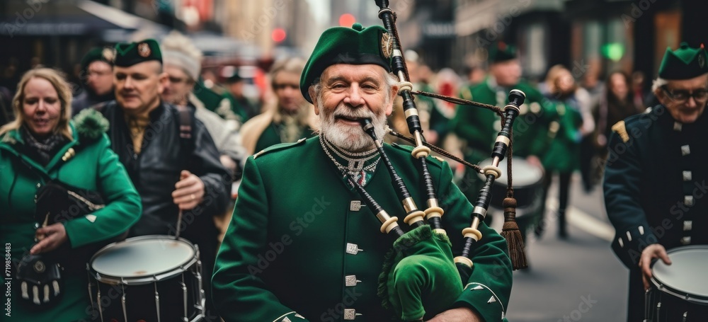 St. Patricks Day parade with mature participants, traditional music, and vibrant green decorations. - obrazy, fototapety, plakaty 