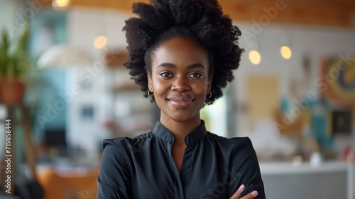 Close shot of a happy African businesswoman standing in living room with a big copy space, Generative AI.