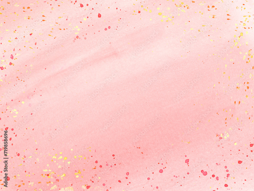Hand painted watercolor pink background. Valentine day concept. Stains, blotches. Splashes, strokes. Illustration with copy space for text. Frame for Valentine day, mothers day cards.