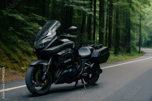 Black sports motorcycle on the road in the forest,  Blurred background