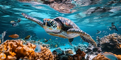 Vibrant sea turtle swimming in azure waters of tropical ocean, a close-up shot with coral reef. dynamic underwater photography. AI