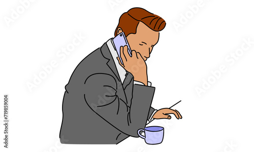 line art color of man using his mobile phone