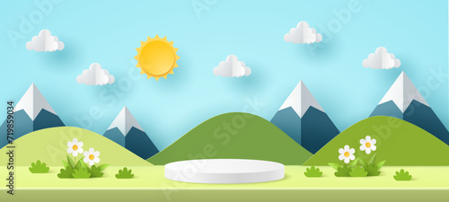 Paper cut 3d podium on spring summer season scene sun , clouds, mountains on blue sky background. Green nature landscape backdrop for product display advertising, presentation.