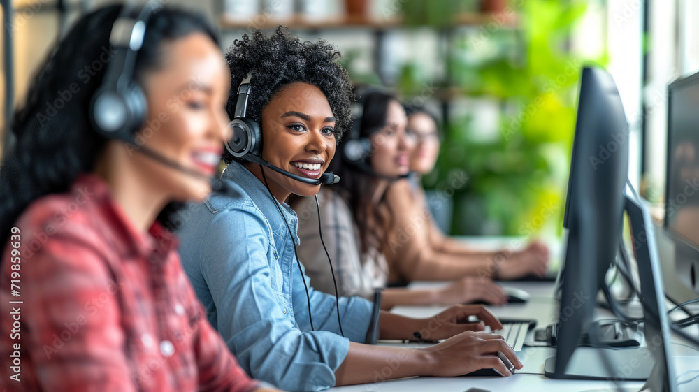 Multiethnic office team with headsets smiling as they work on computers, providing customer service and telemarketing support, selective focus Multiethnic office team with headsets smiling as they work on computers, providing customer service and telemarketing support, selective focus