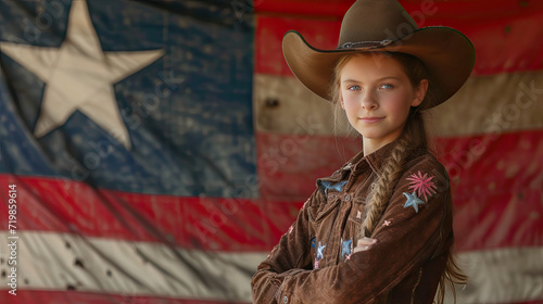 Teen girl dressed as a cowgirl in front of the Texas flag