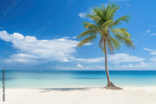 Soothing beach scene with a lone palm tree, embodying tropical serenity - AI Generative.