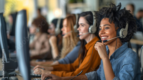 Multiethnic office team with headsets smiling as they work on computers, providing customer service and telemarketing support, selective focus 