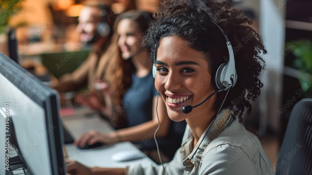 Multiethnic office team with headsets smiling as they work on computers, providing customer service and telemarketing support, selective focus Multiethnic office team with headsets smiling as they work on computers, providing customer service and telemarketing support, selective focus