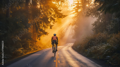 Solitary cyclist enveloped in a misty forest's embrace, a journey of solitude - AI Generative.