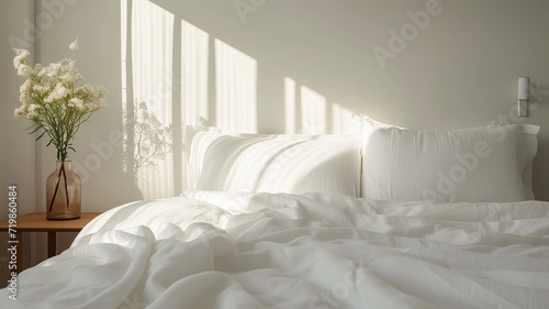 Serene minimalist bedroom bathed in soft morning light for a peaceful ambiance AI Generative.
