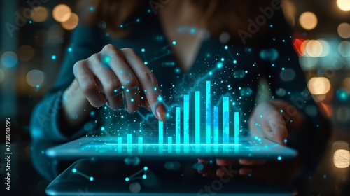Close shot of a young woman analyzing stock market in digital tab with 3d candles coming out of it in dark room, Generative AI.