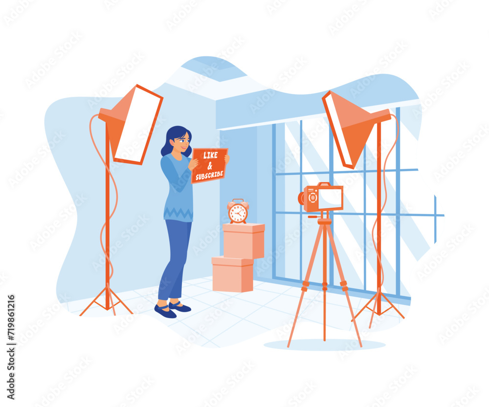 Fototapeta premium Young woman recording video using professional camera equipment. Vloggers ask online viewers to like and subscribe to their channels. Content Creator concept. Flat vector illustration.