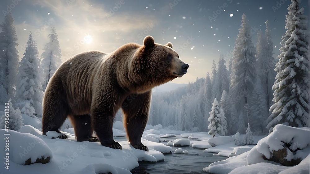 bear exploring a winter wonderland - obrazy, fototapety, plakaty 