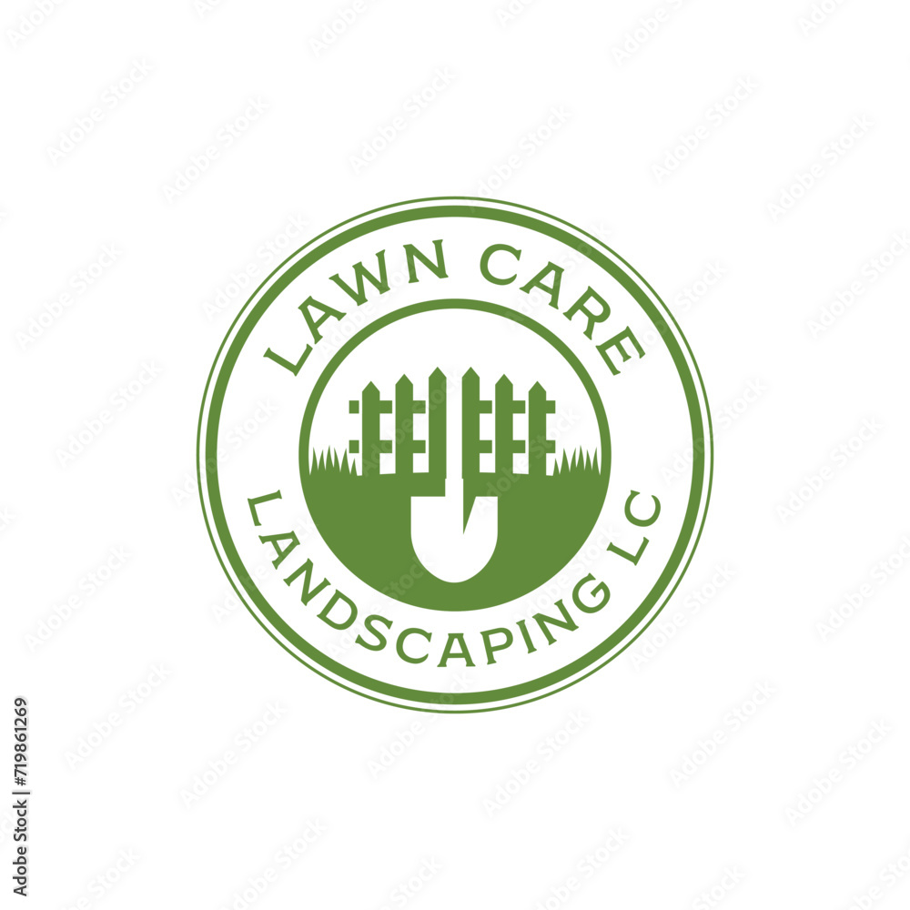 Lawn Care Shovel and fence Simple logo for Landscaping Company Lawn Care Shovel and fence Simple logo for Landscaping Company