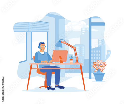 Video editor wearing headphones sitting in front of the computer. Working on post-production for a film. Video Editor concept. Flat vector illustration.