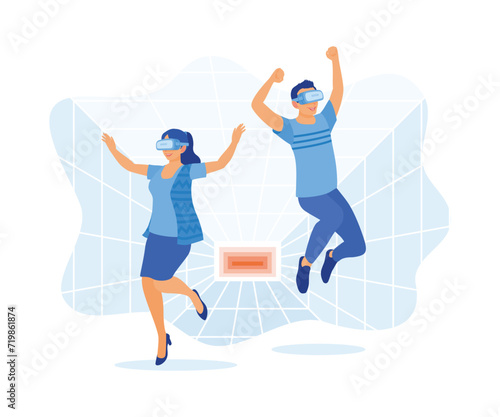 Digital world. Young couple using virtual glasses. Making hand gestures and jumping in the studio. Virtual Relationships concept. Flat vector illustration.