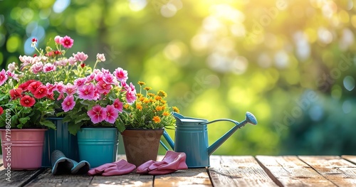 Close shot of colorful summer flower pots are in a wooden surface with copy space with morning sunshine, Generative AI.