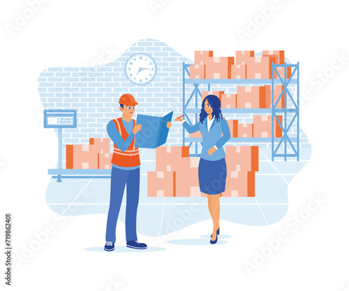 The warehouse manager signs the bill of landing after receiving the goods. Woman checking merchandise in the warehouse. Order Confirmation concept. Flat vector illustration.