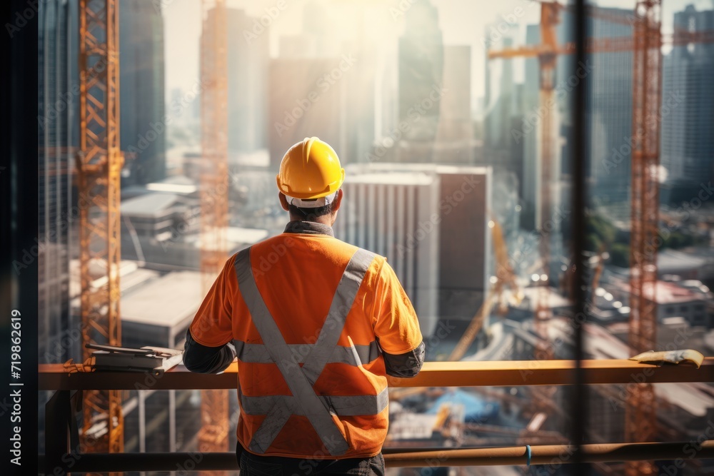 construction of a skyscraper, view of a worker in a orange helmet from behind, construction of a skyscraper, view of a worker in a orange helmet from behind,