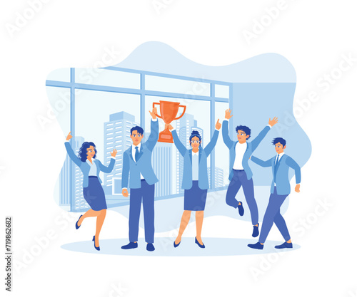 A group of young business people are having fun and holding trophies in the office. Successful teamwork. Happy business team, colleagues are rejoicing in the success concept. Flat vector illustration.