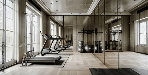 gym equipment on a treadmill, interior of a gym, person working out in gym, Photo of a Minimalist Home Gym with Mirrored Walls photo