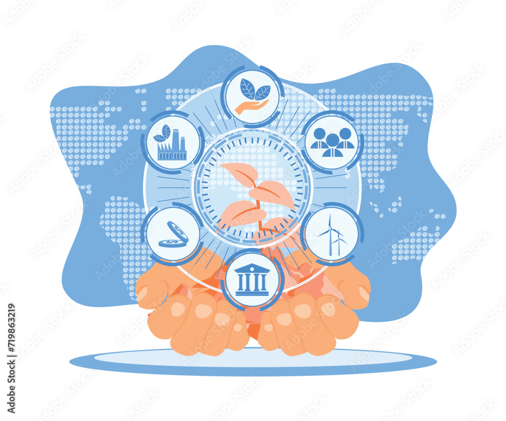 Hand-holding ESG icon. The concept of environmental and social governance of society. Sustainable economic growth with renewable energy and natural resources concept. Flat vector illustration.