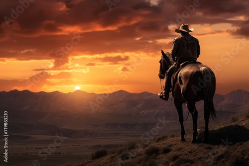 A lone cowboy rides across a vast desert landscape at sunset